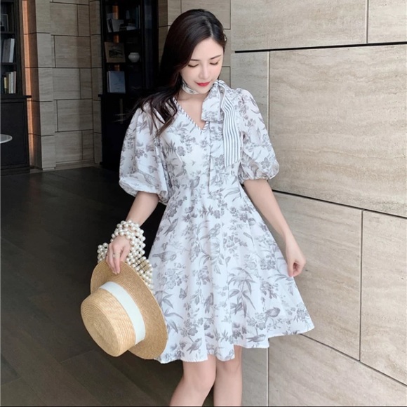 French Style Print Puff Sleeve Vintage Dress - Picture 9 of 15